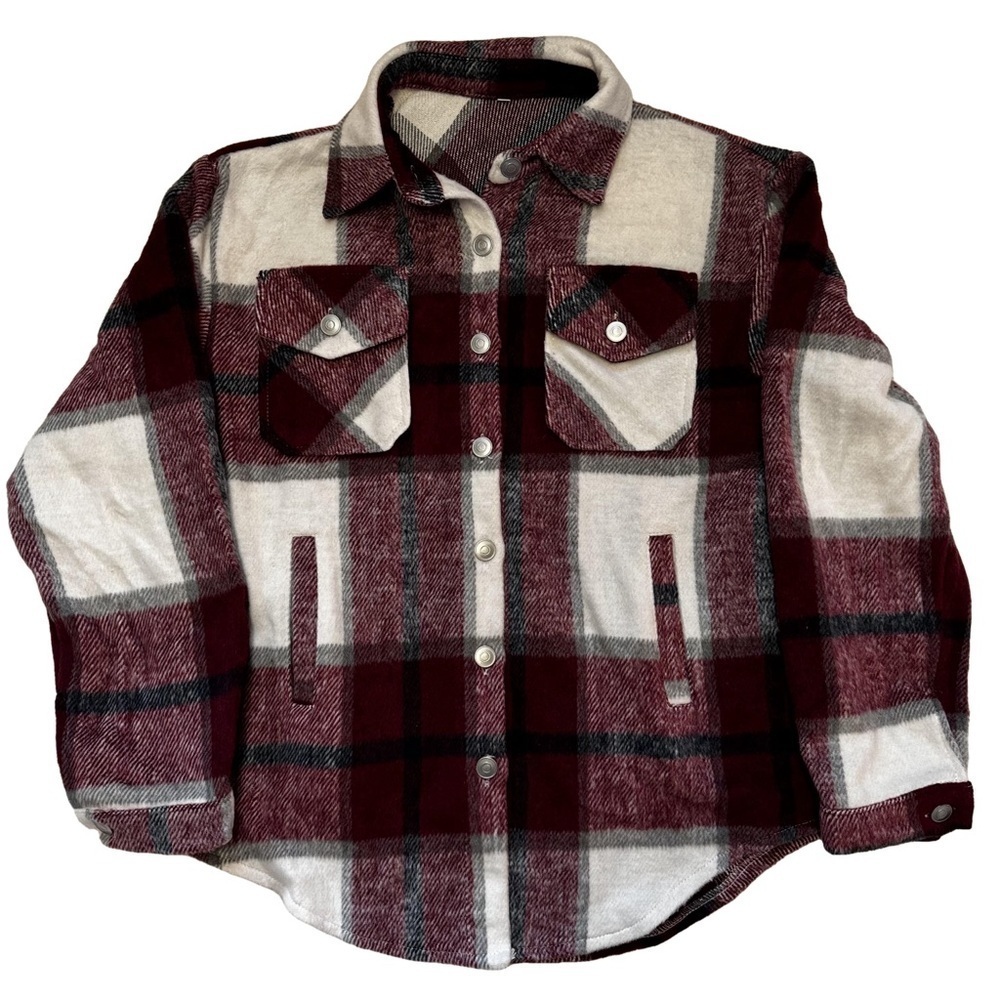 Flannel Shirt Jacket Shacket Coat Size XS Plaid Red White Black Cream Pockets